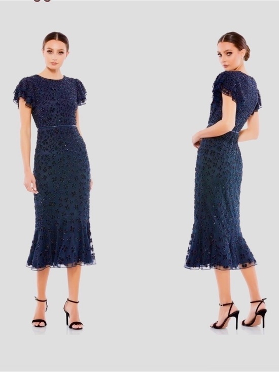 Mac Duggal Dresses & Skirts - Mac Duggal Navy Floral Beaded Ruffle Sleeve Evening Dress